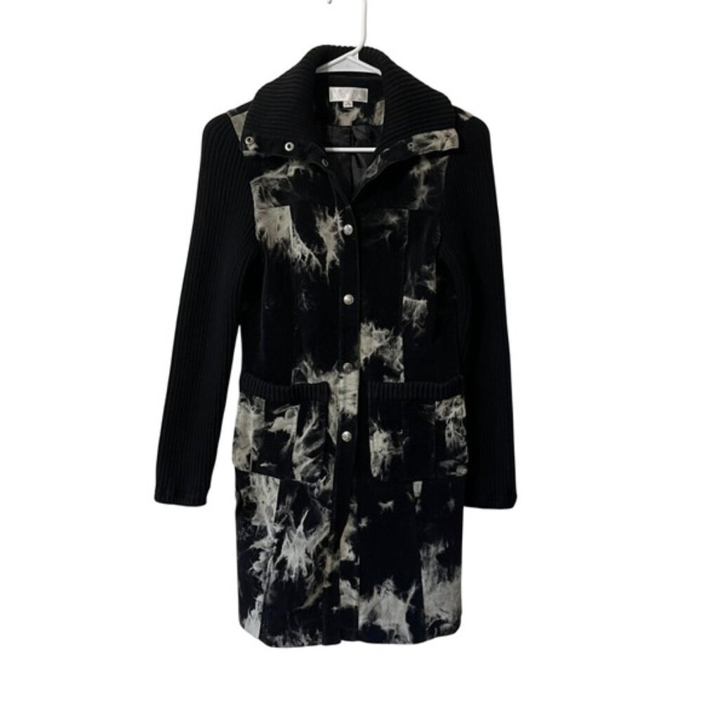 V'Cocca Long Corduroy Tie Dye Jacket Black Knit Sleeve Snap Button Women Size S